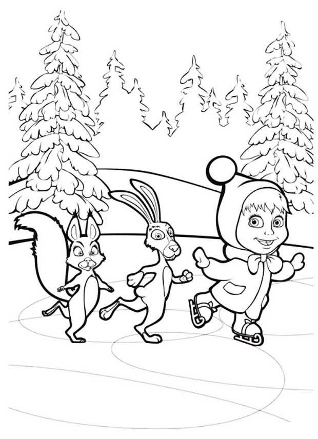 Раскраски зайцы  Маша с зайцем и белкой катаются на коньках на речке