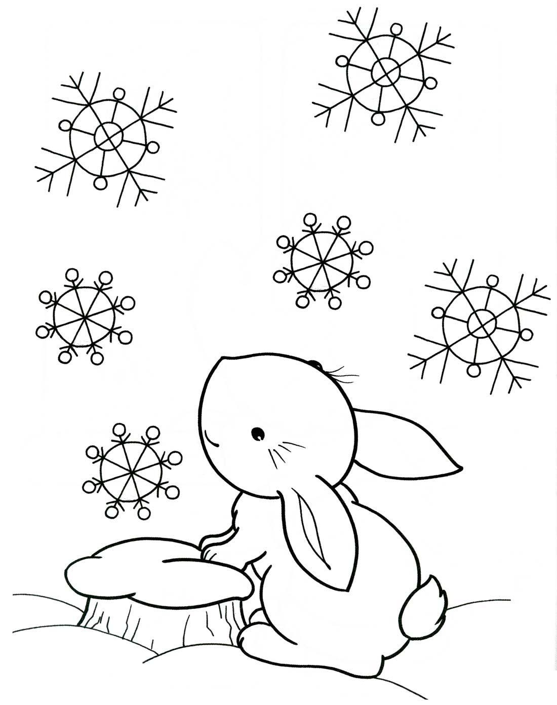 Раскраски зайцы, зайчиха, зайчонок  Заяц под снегом