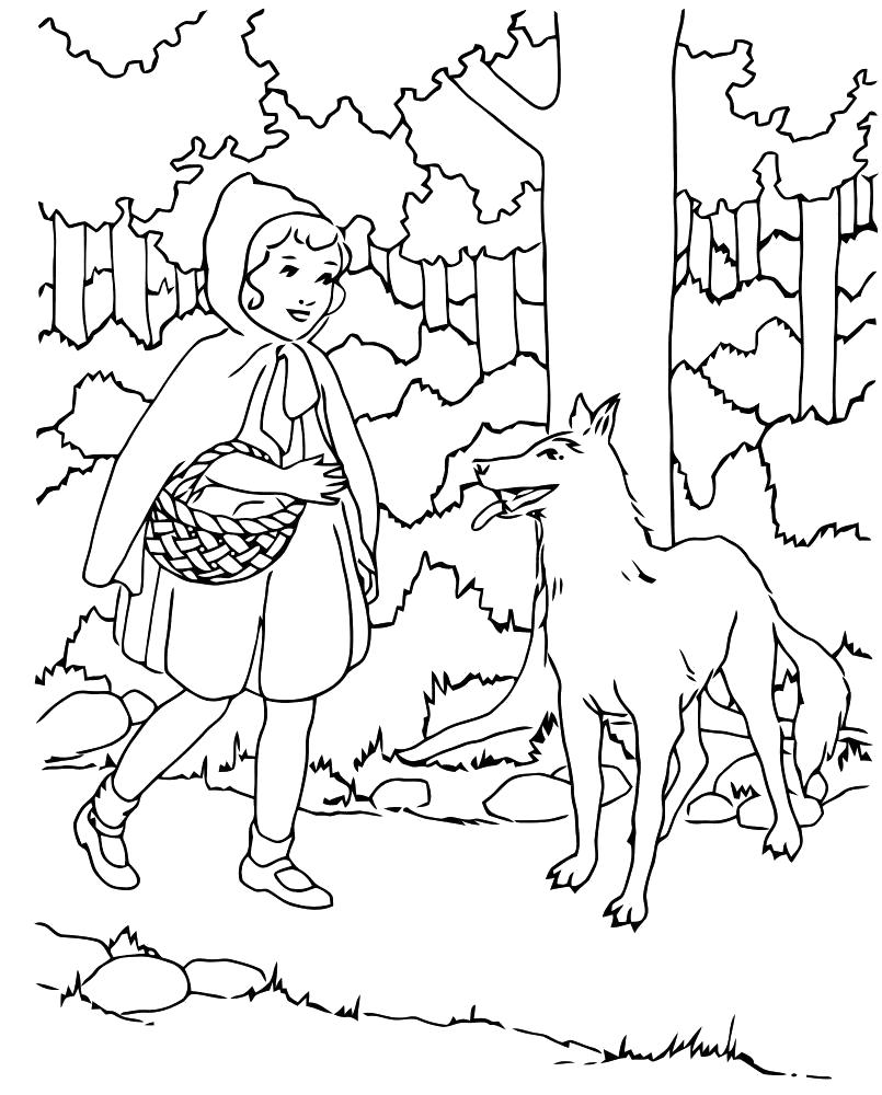 Раскраска волк  волк и шапочка в лесу