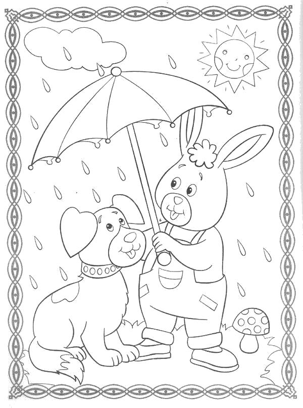 Раскраски зайцы, зайчиха, зайчонок  Пес и заяц под зонтом