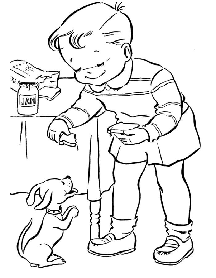   Раскраска щенок, мальчик дрессирует щенка