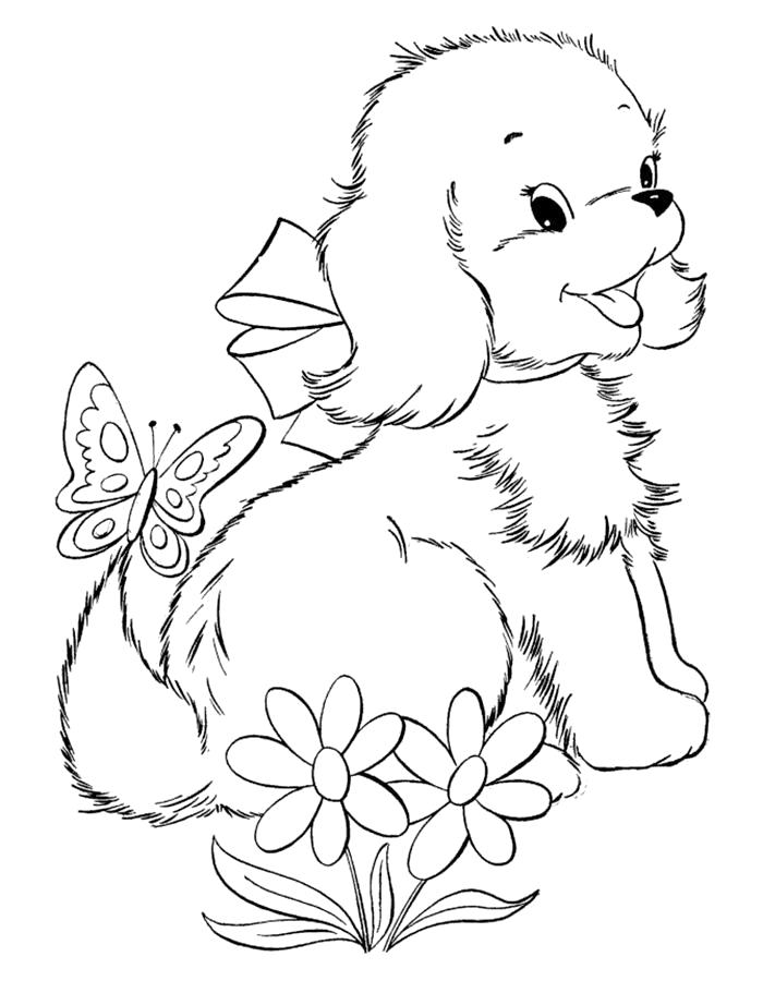   Раскраска щенок с цветочками и бабочкой