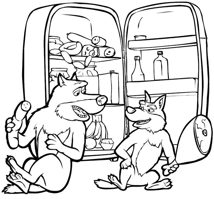 Раскраска волк  волки едят около холодильника