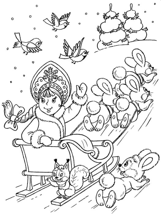Раскраски зайцы  Снегурочка едет на санях с зайцами.