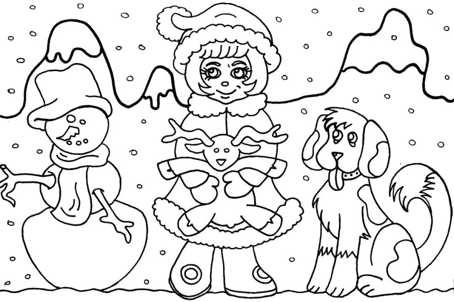   девочка играет, собака, снеговик