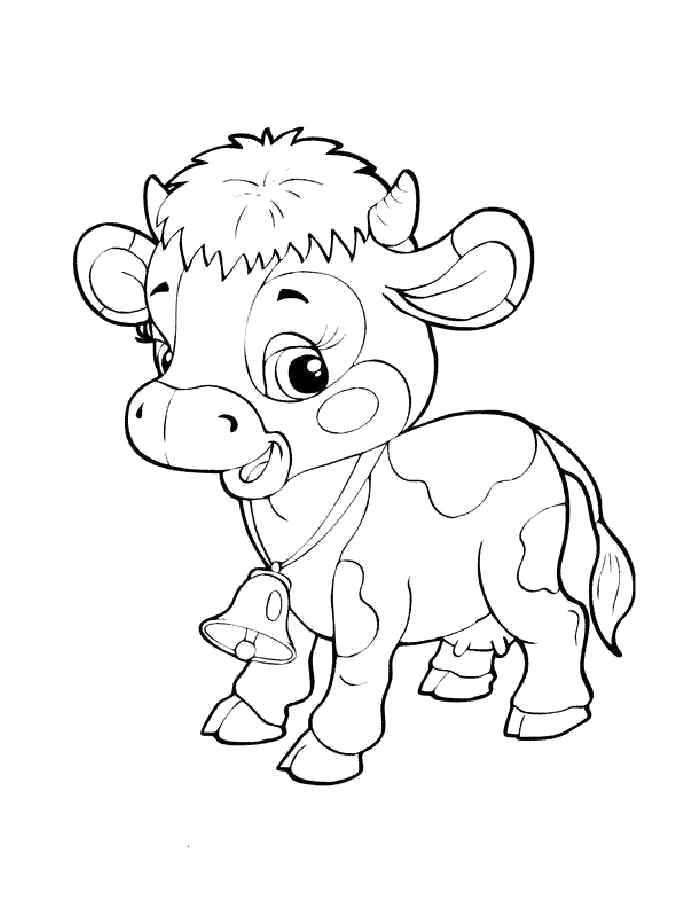 Раскраски домашняя корова  Раскраска корова, маленький буренок, Гаврюша с колокольчиком