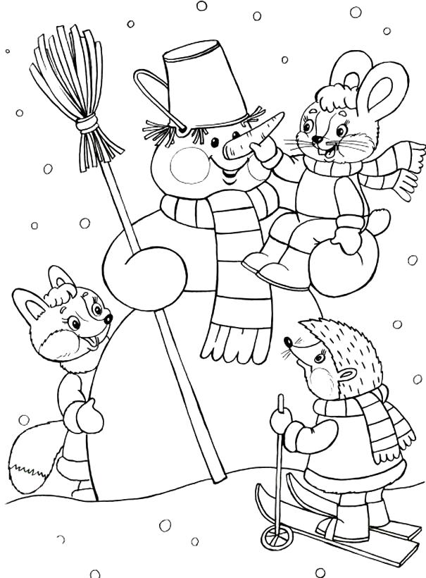   снеговик и его друзья, ежик катается на лыжах, зайчик сидит у снеговика,  