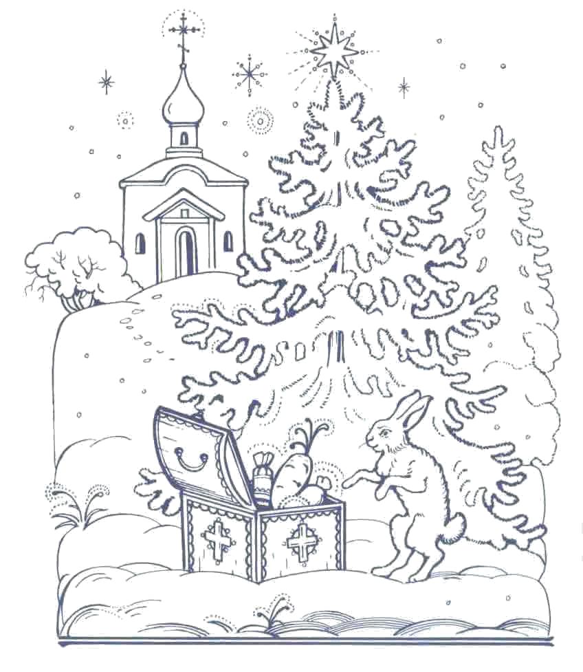 Раскраски зайчата и зайцы  рождественская елка, зайчик с игрушками